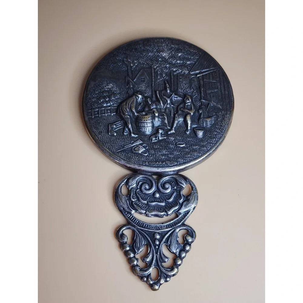 100 Yr Old  HANS JENSEN DENMARK Silver Repousse Hand Mirror Original Beveled